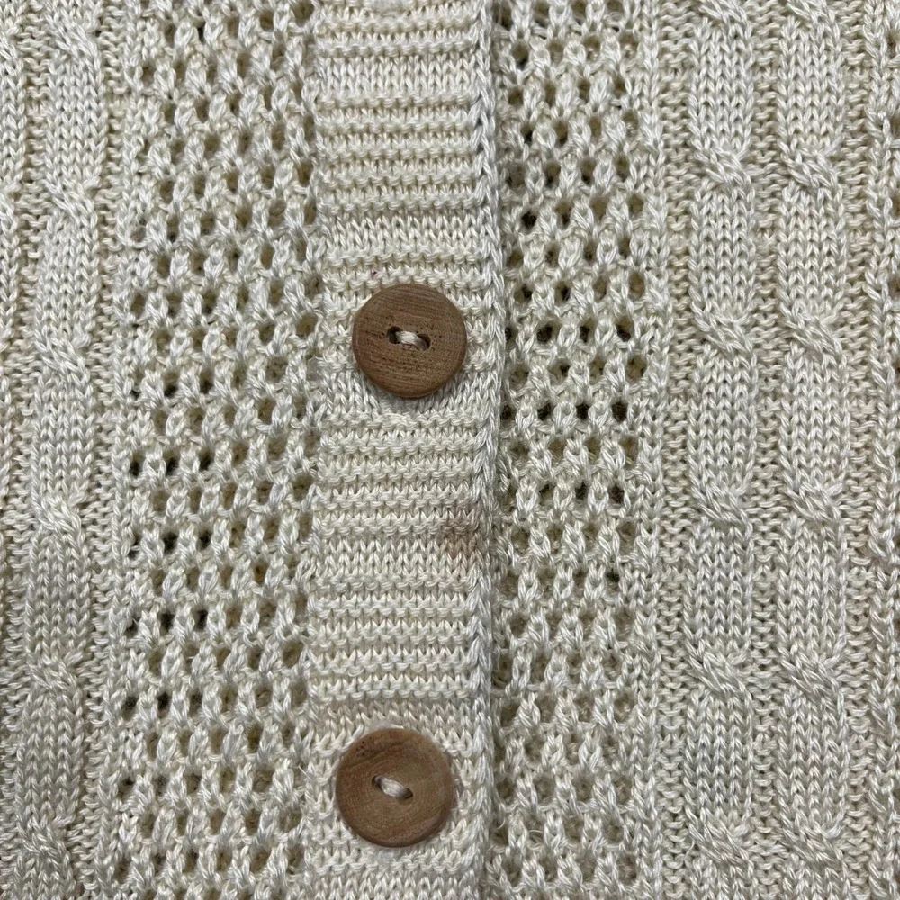 Mens Cream Cable Knit Pointelle Cardigan Sweater Button Front Cream Ivory